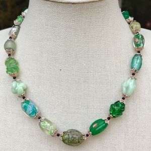 Antique art deco lampwork foil glass/jade necklace